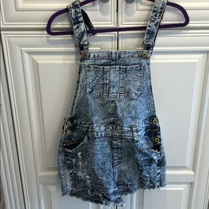 Acid washed jean overall shorts